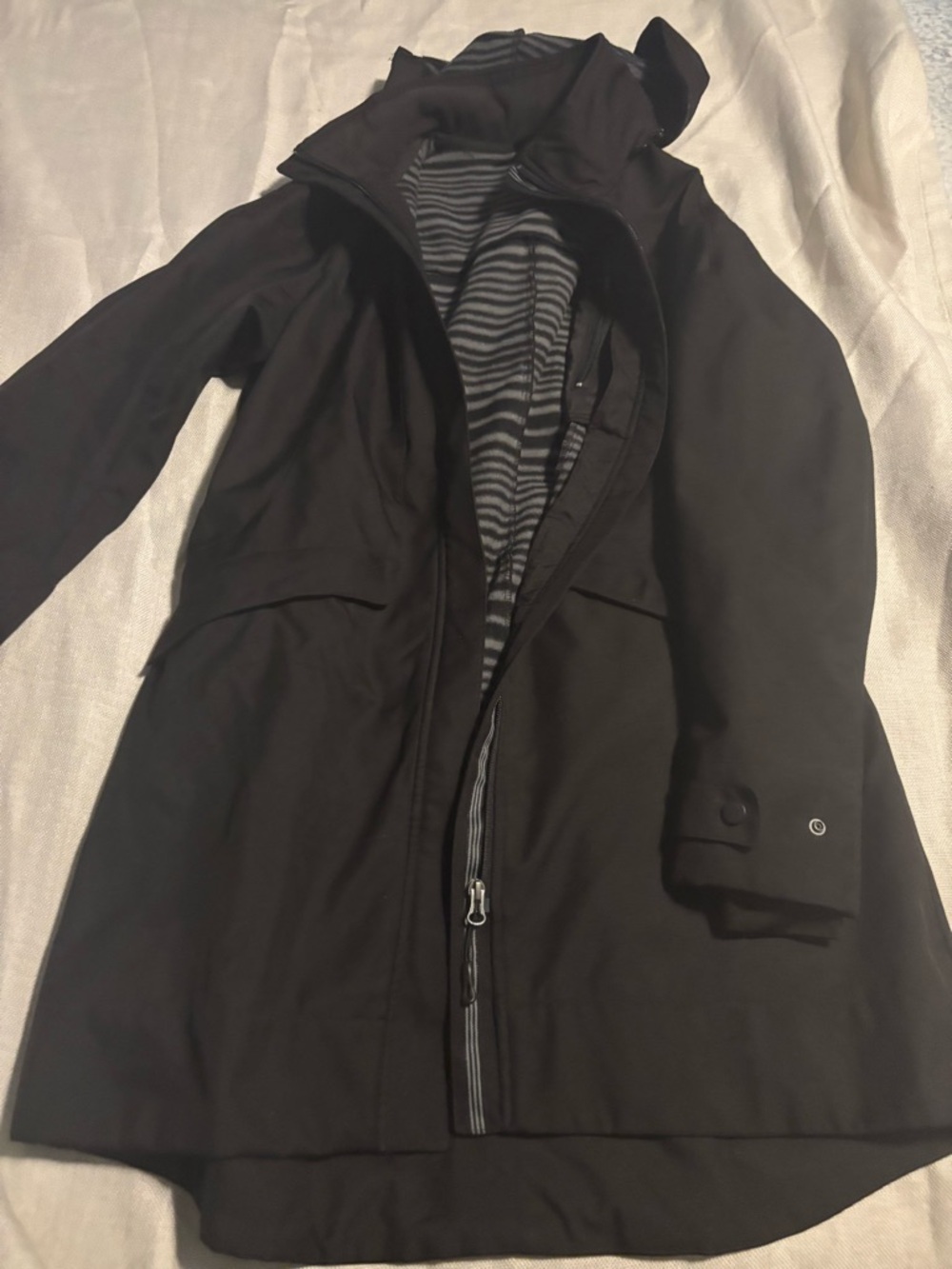 Women’s Black Pea Coat with Striped Lining